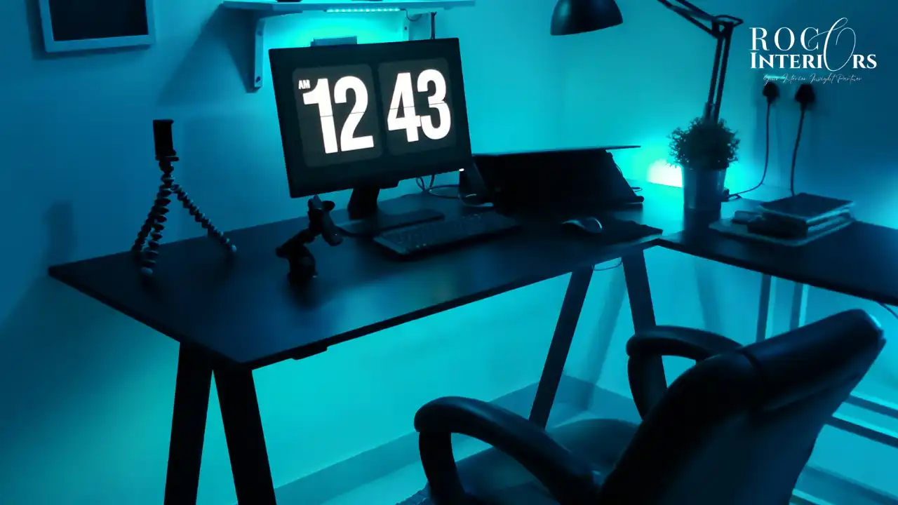 Home office desk with a monitor displaying time